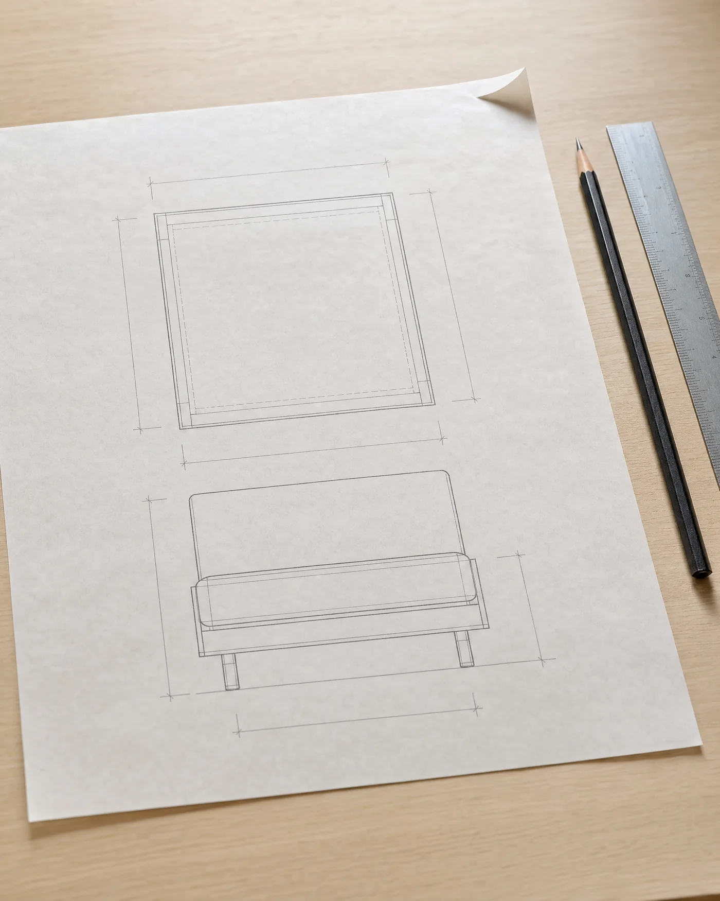 A square modular seat drawn in plan and elevation on tracing paper, on a pale oak table, with a sharpened pencil and a steel rule squared beside it.
