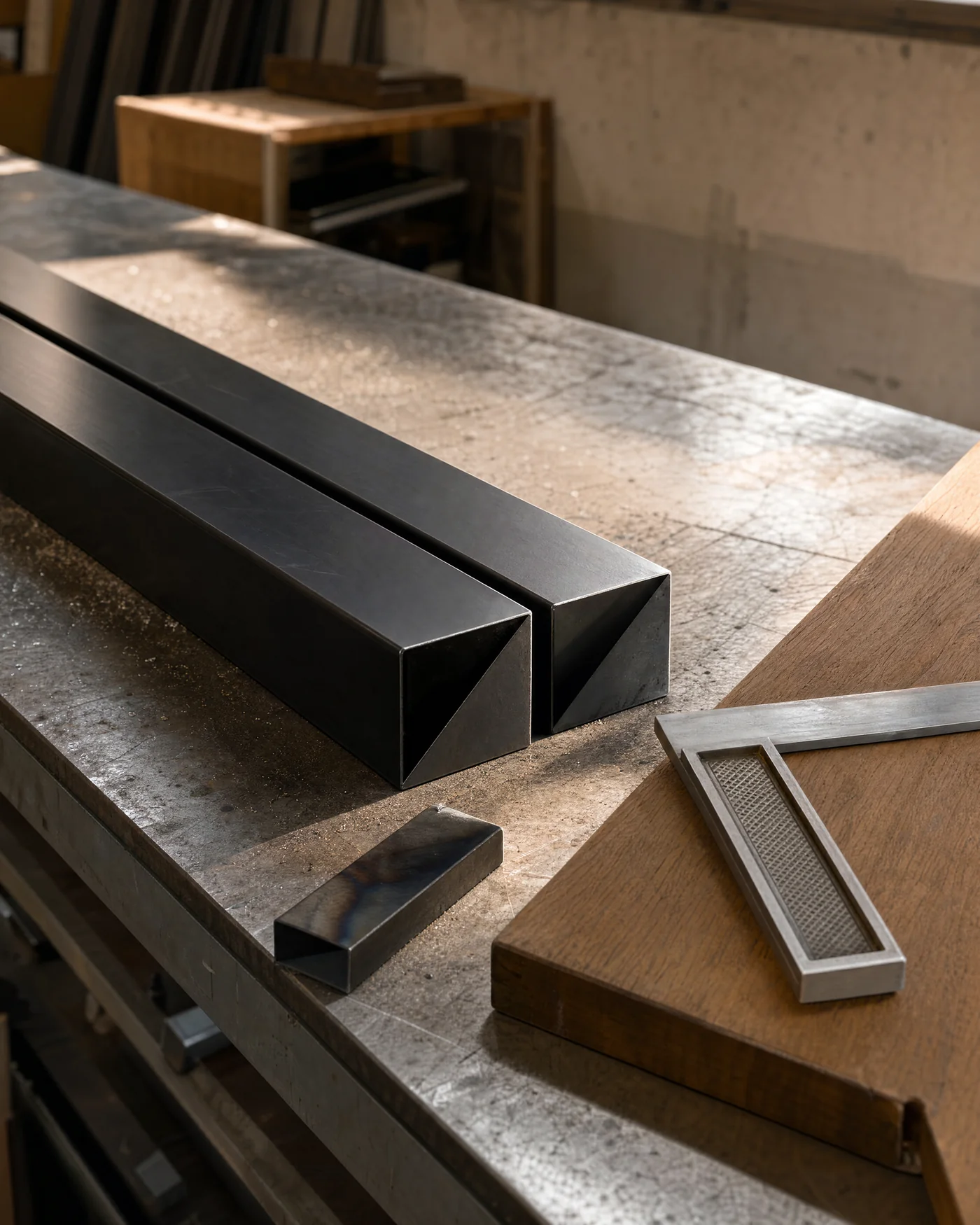 A workshop bench in raking daylight: two mitred lengths of matte black powder-coated metal section laid parallel, a plank of oiled teak beside them, and a steel engineer's square across the timber.