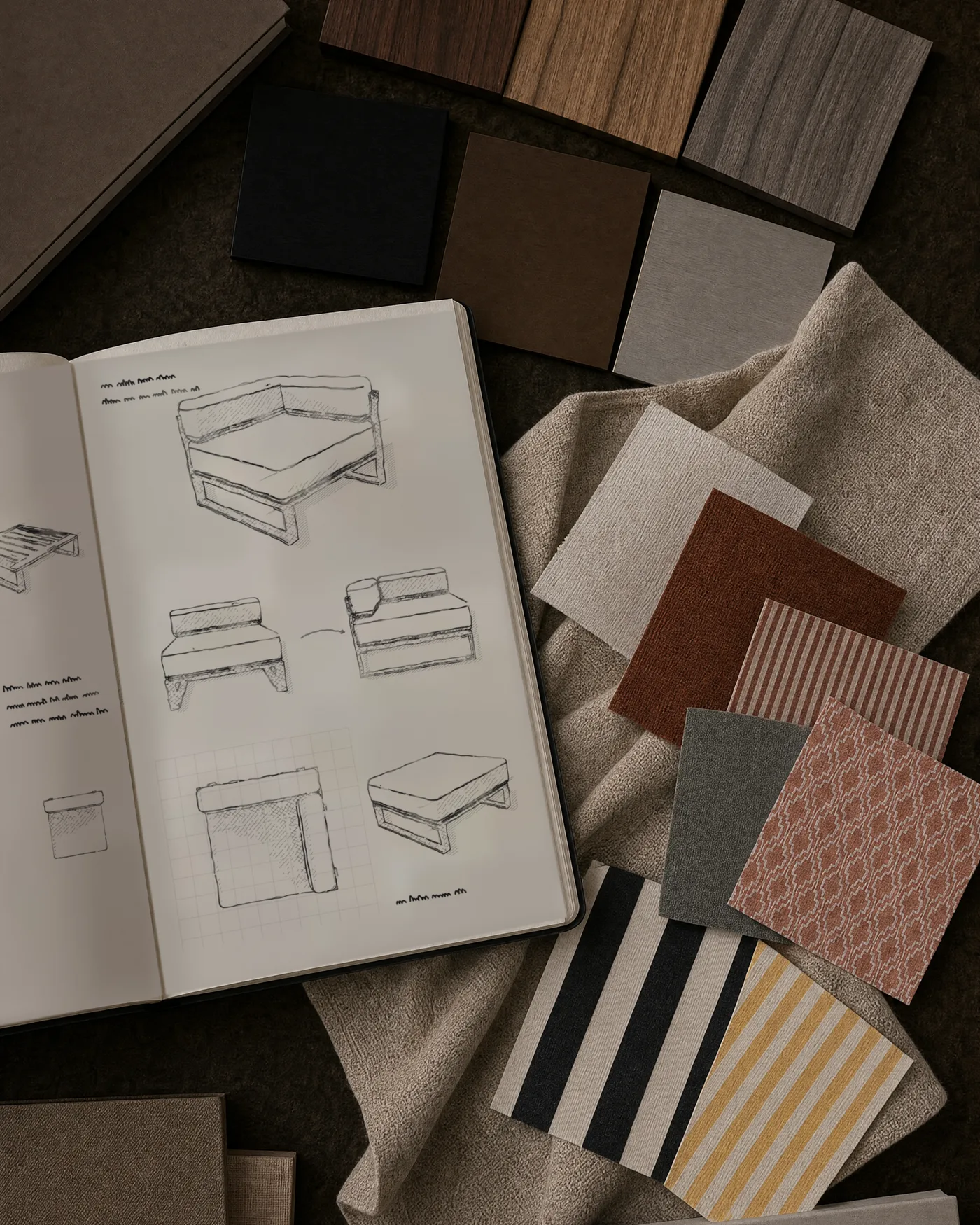 An open sketchbook with a modular corner seat drawn in pencil, beside teak, metal and cloth samples on a dark surface.