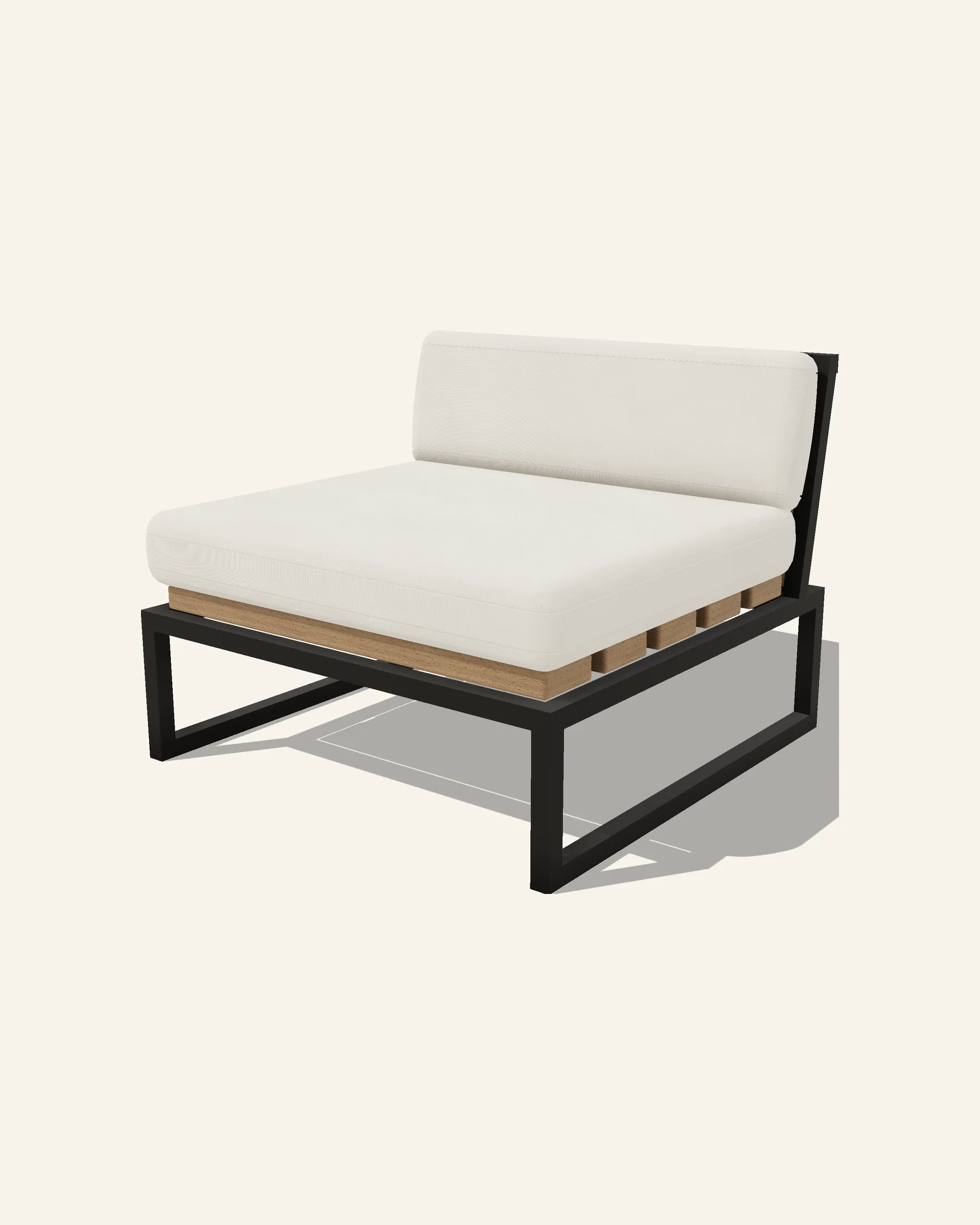 The Hawa centre module alone on a plain warm ground: a thin black tube loop down each side on its own runner, a deck of wide timber slats between them under a thick loose cushion, and a slatted back leaning away along the rear edge with a plump pillow against it.