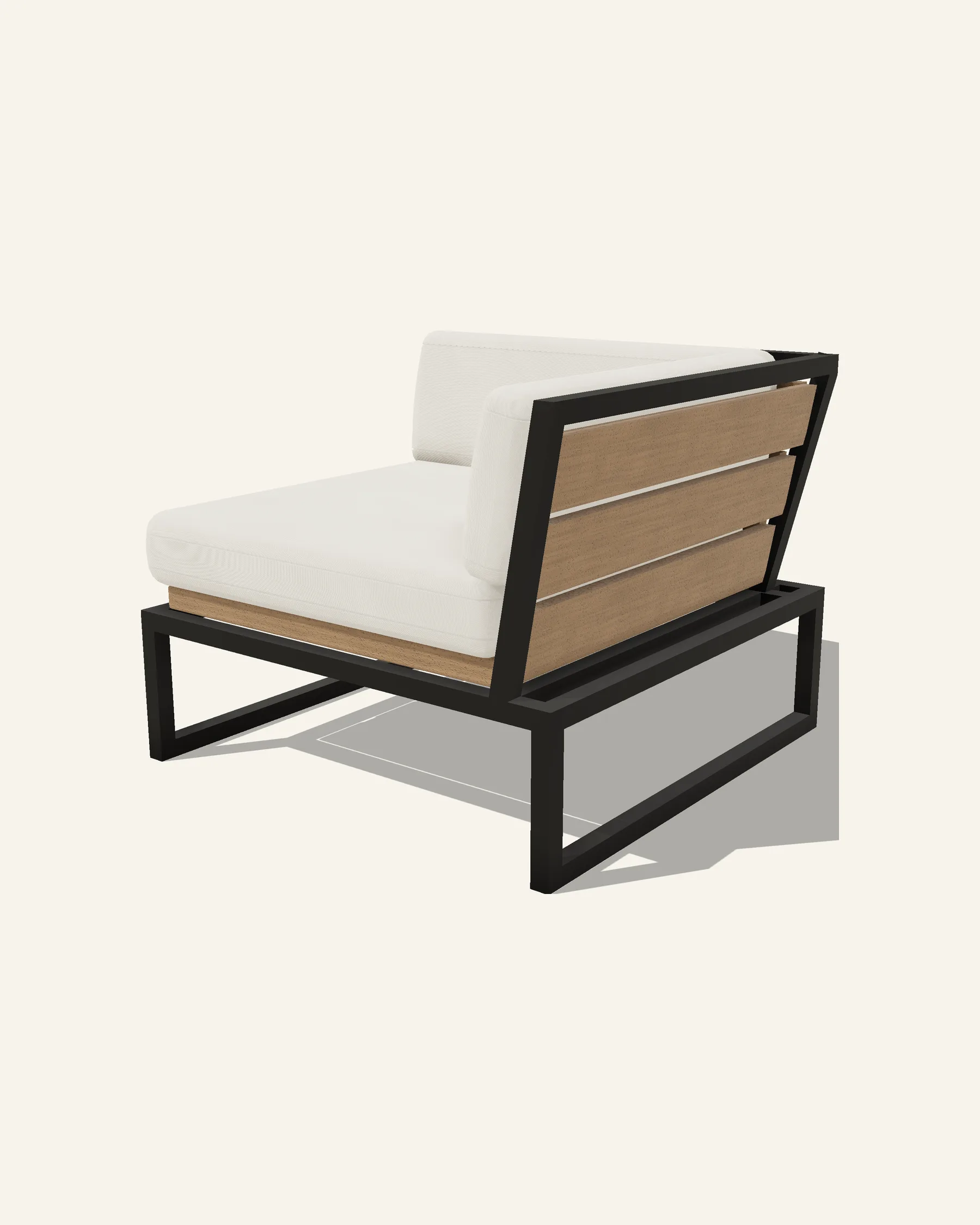 The Hawa corner module alone on a plain warm ground: two slatted backs meeting at the outer corner over a single tube on the diagonal, each with its own pillow, on the same thin frame and slatted deck.