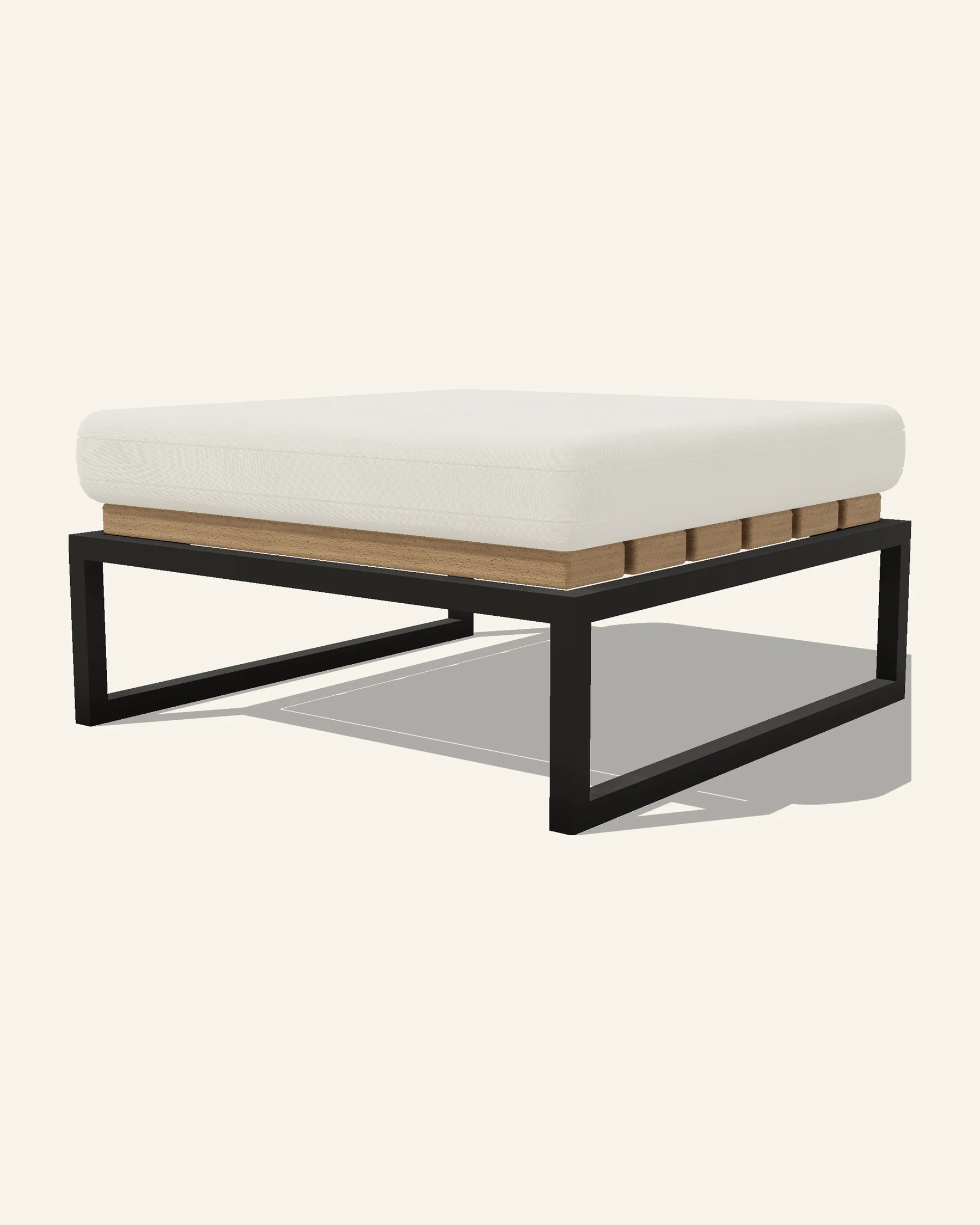 The Hawa pouf alone on a plain warm ground: the same thin frame and slatted deck with the thick cushion and nothing above it.
