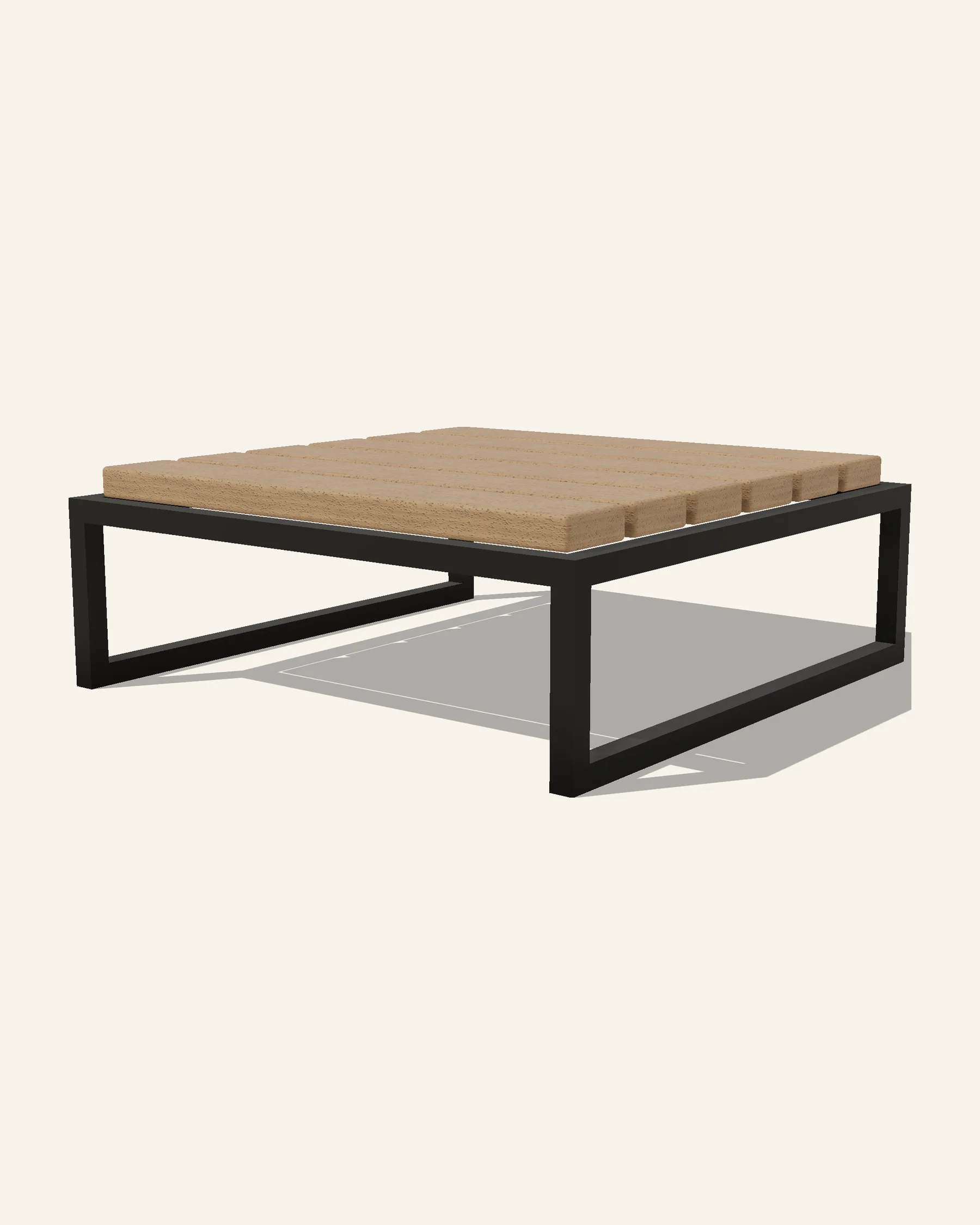 The Hawa low table alone on a plain warm ground: the pouf's thin frame on two runners with six timber slats as its top and no cushion.