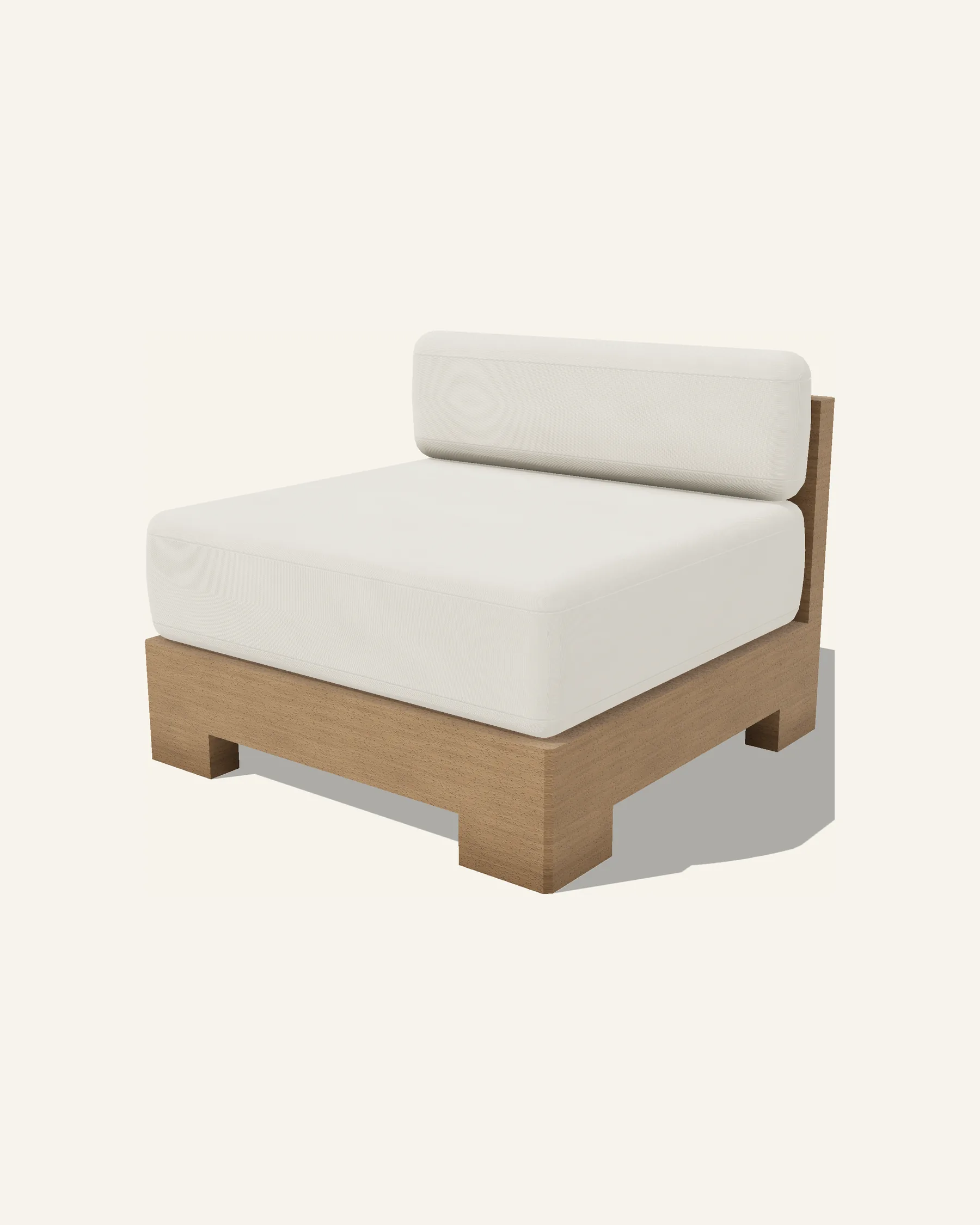 The Nasim centre module alone on a plain warm ground: an 800 millimetre square timber carcass with a woven rattan panel set into its back face, a loose seat cushion inside the frame and a back cushion standing proud of the timber behind it, the base cut away between two feet.