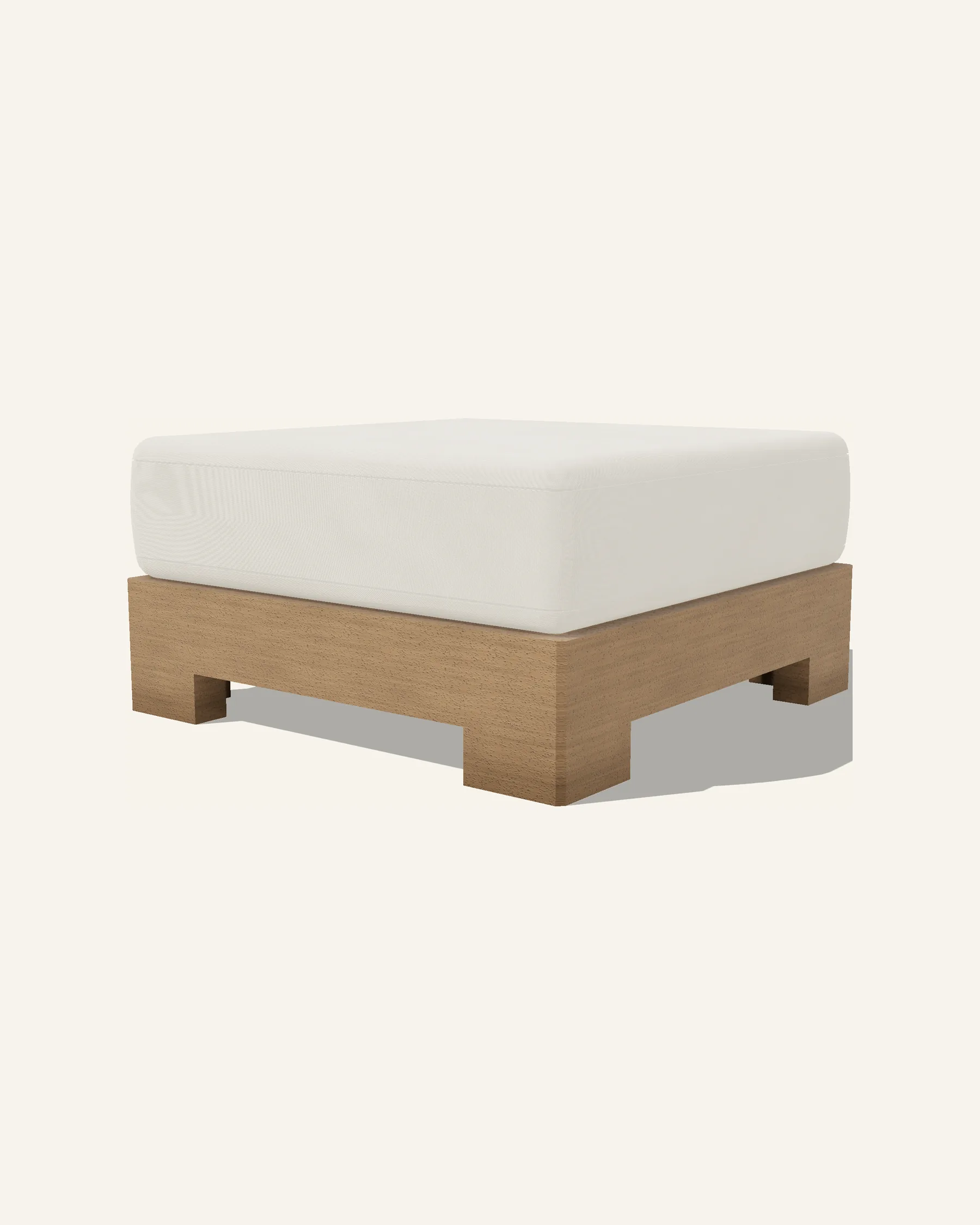The Nasim pouf alone on a plain warm ground: an 800 millimetre square timber carcass with nothing above the cushion, the base cut away between two feet.