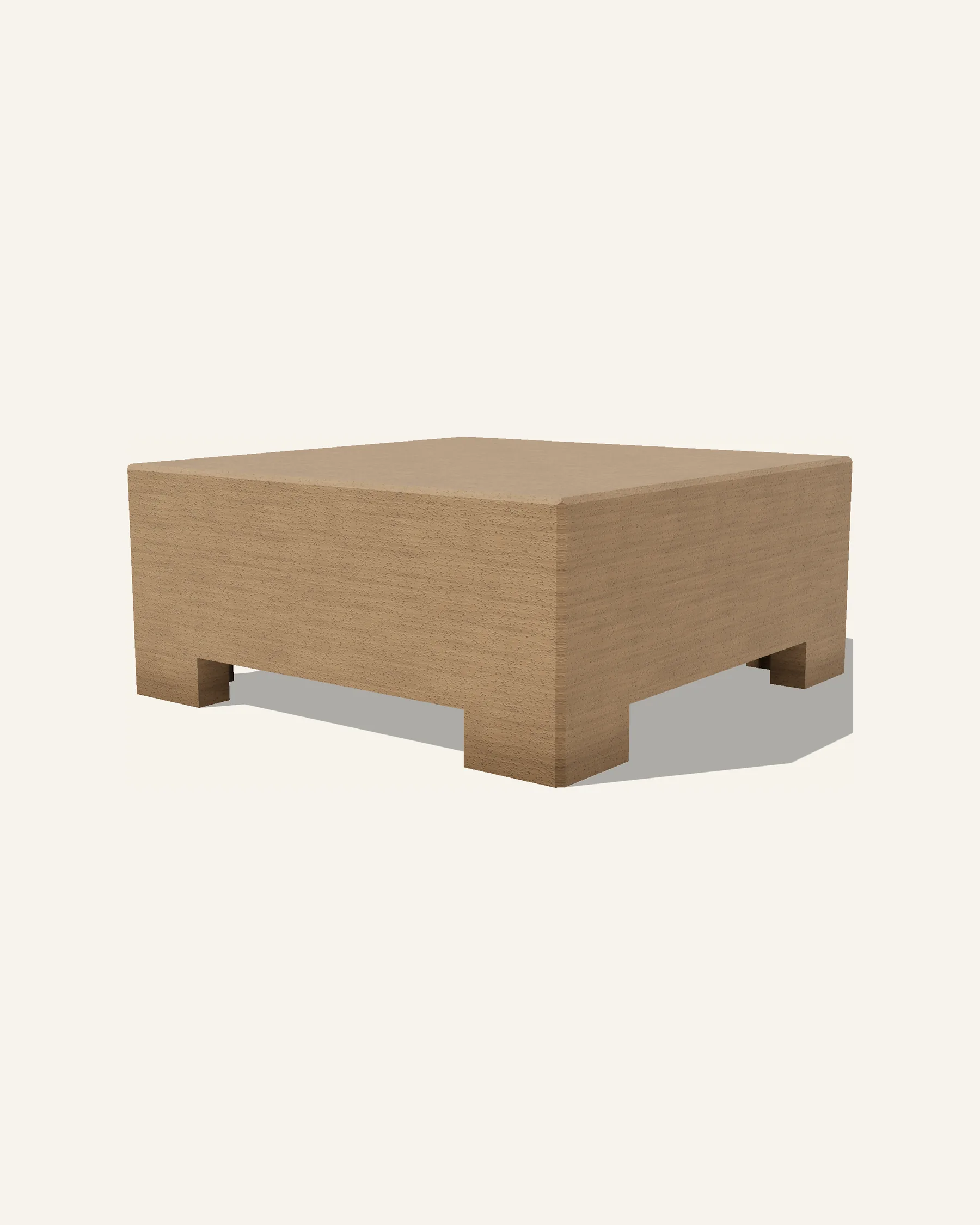 The Nasim low table alone on a plain warm ground: an 800 millimetre square timber box with a plain solid top and unbroken sides, the base cut away between two feet.