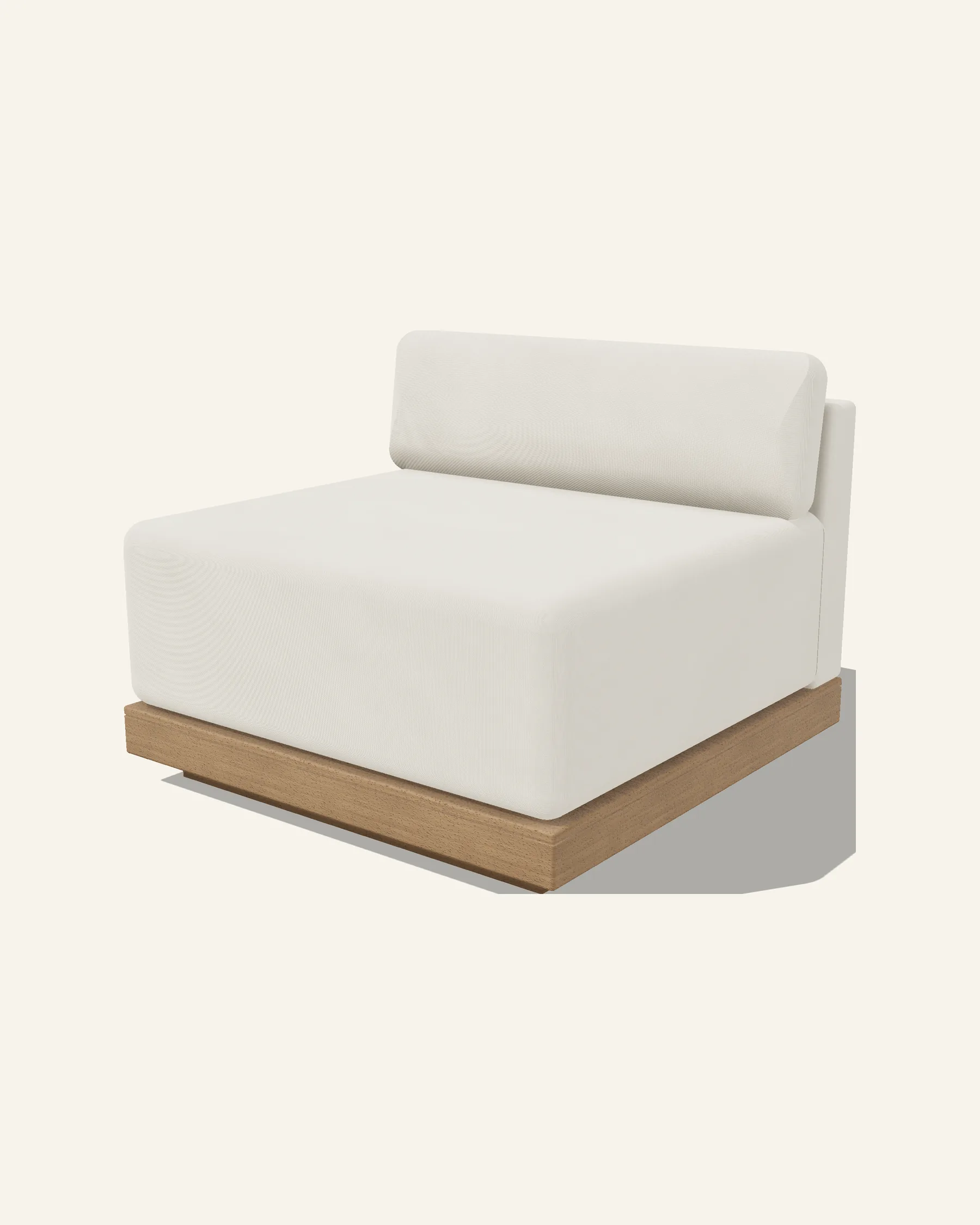The Rima centre module alone on a plain warm ground: one soft upholstered block with rounded edges, an upholstered back panel along the rear edge with a loose cushion leaning on it, standing on a slim timber band over a recessed plinth.
