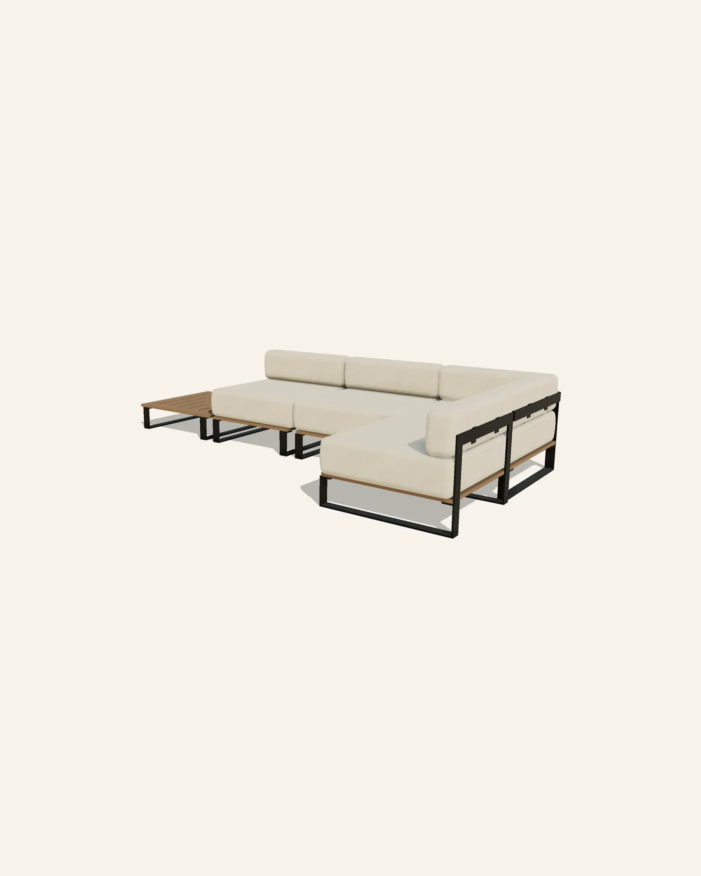 A Nour corner arrangement: a slatted teak coffee table at the open end of the run, then two centre modules, a corner module, and a third centre turning back at ninety degrees to close the return. The table stands in line beside the seats rather than in front of any of them.