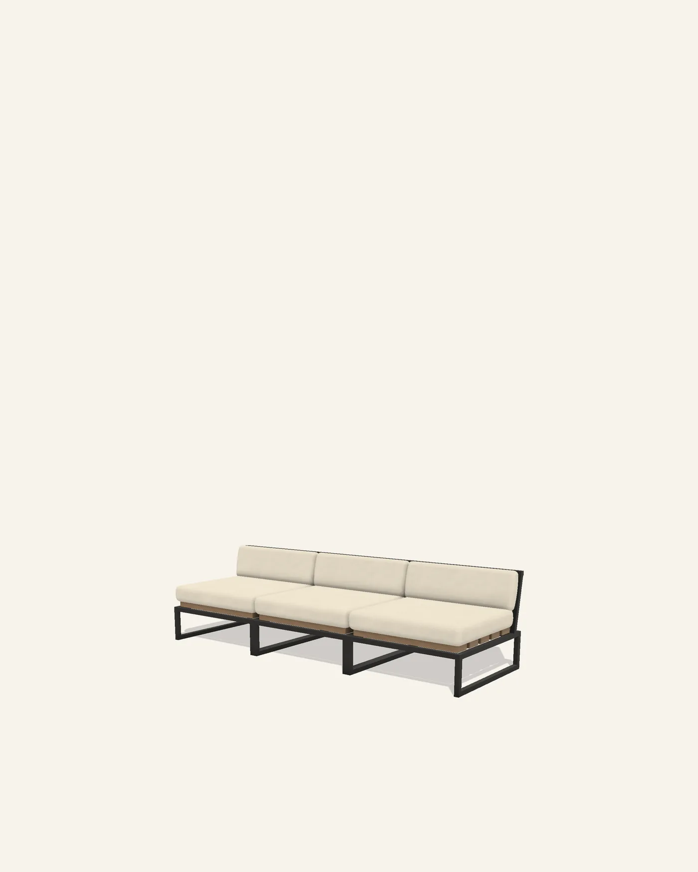Three Hawa centre modules in a straight run, seen from a low three quarter view: thin black tube frames on runners, wide timber slats showing under each thick cushion, and a slatted back leaning away behind each pillow.