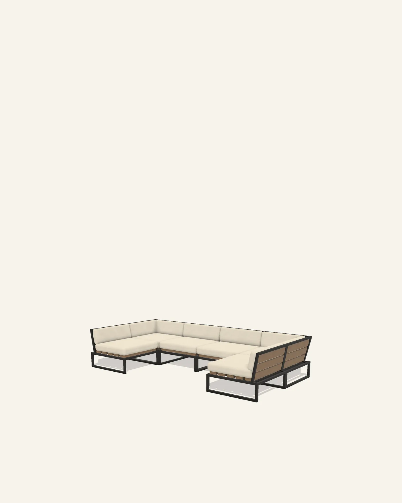 A Hawa U arrangement of six pieces: a corner module at each end of a run of two centres, each corner turned a quarter so its slatted backs close the return, with a centre module completing each side.