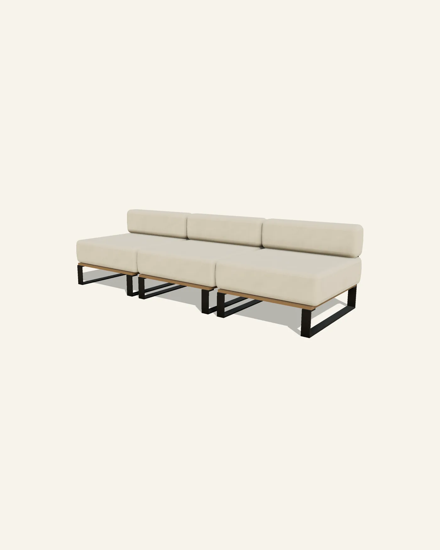 Three Nour centre modules in a straight run, seen from a low three quarter view: separate 800 millimetre squares standing flush against each other with the joins visible, each on a matte black frame with a rail of oiled teak along the base.