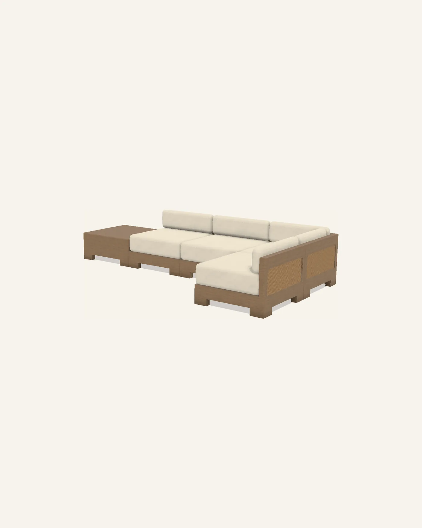A Nasim corner arrangement: a low table at the open end of the run, then two centre modules, a corner module, and a third centre turning back at ninety degrees to close the return. The corner's outward faces carry woven rattan panels.