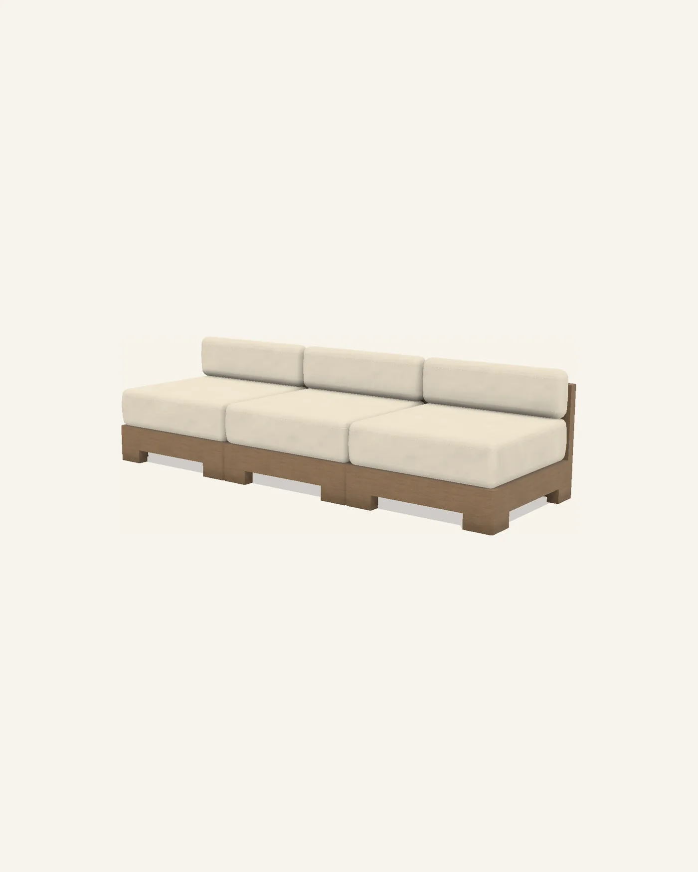 Three Nasim centre modules in a straight run, seen from a low three quarter view: separate 800 millimetre squares of timber, each with a cushion and a back cushion standing proud of the frame behind it.