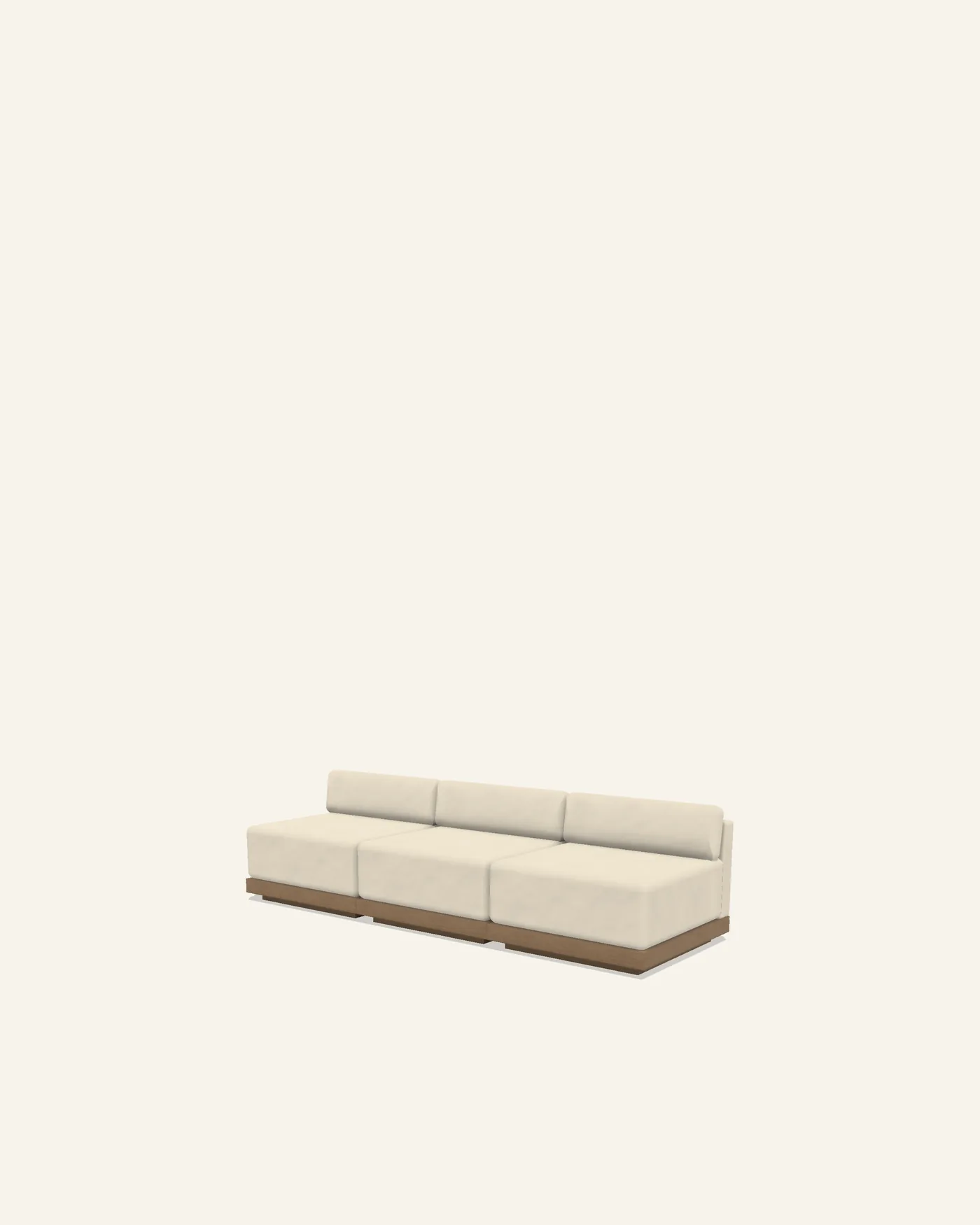 Three Rima centre modules in a straight run, seen from a low three quarter view: separate upholstered blocks on a slim timber base, each with a loose cushion leaning against its back panel.