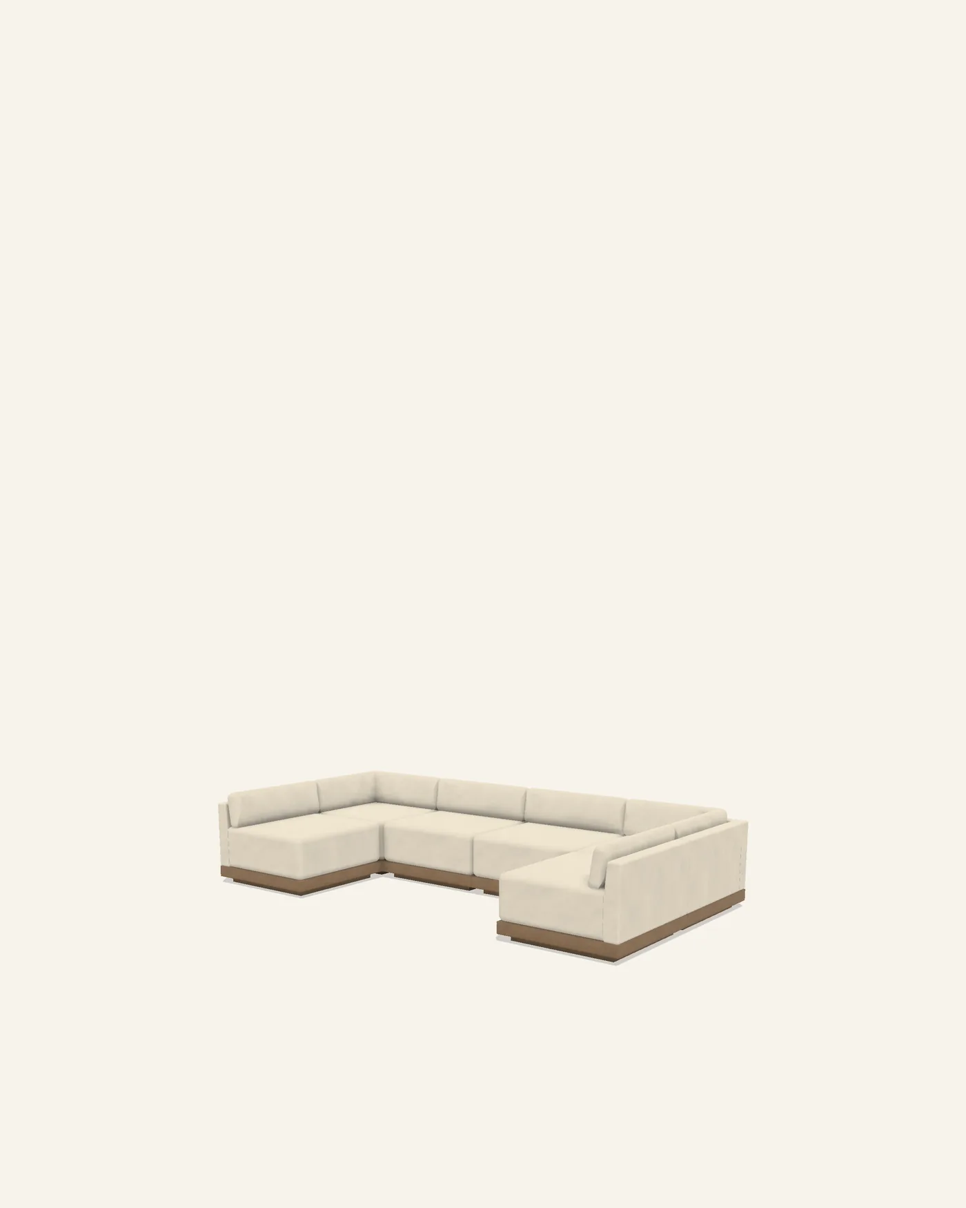 A Rima U arrangement of six pieces: a corner module at each end of a run of two centres, each corner turned a quarter so its upholstered panels close the return, with a centre module completing each side.