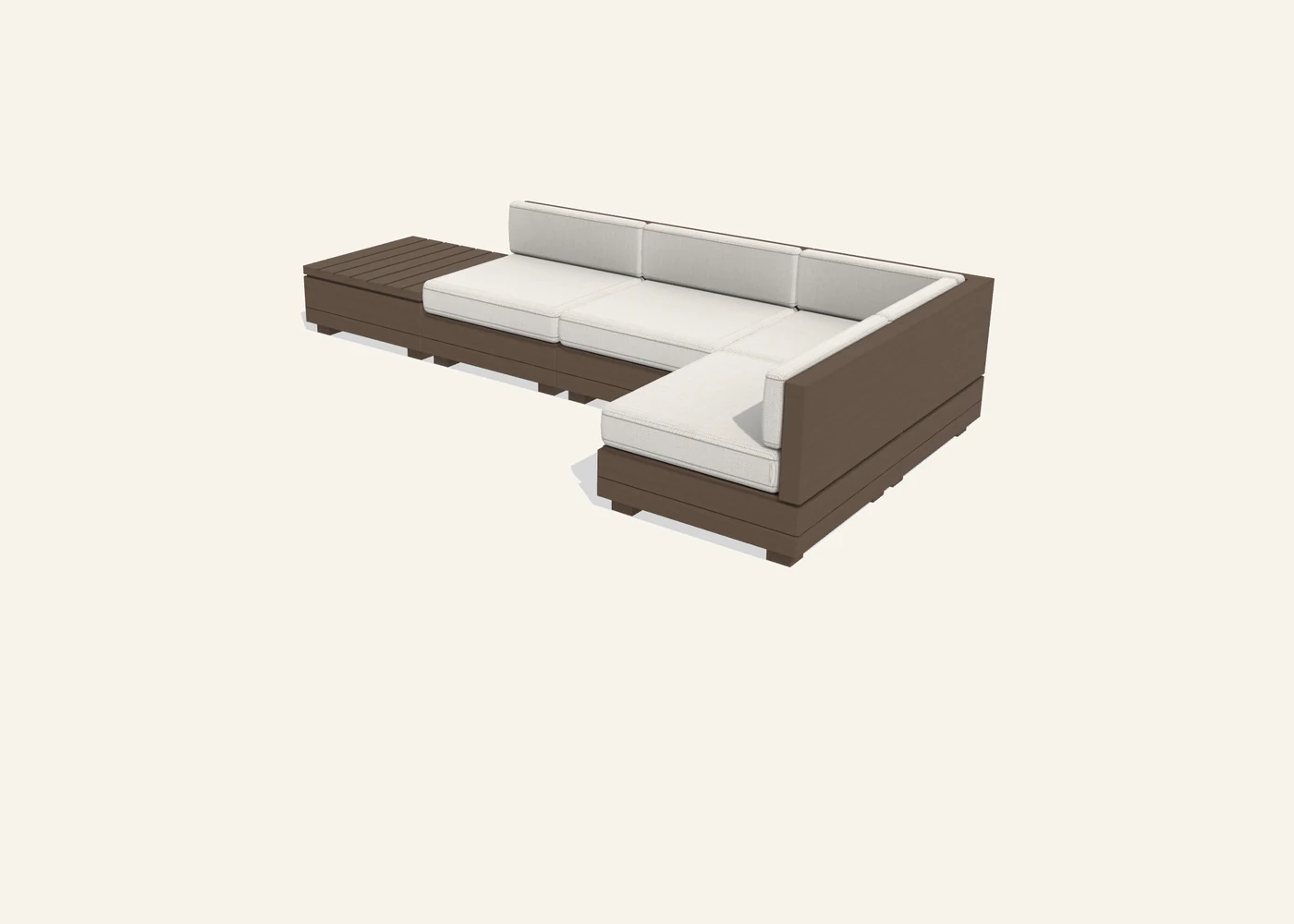 A Sama corner arrangement: a slatted timber low table at the open end of the run, then two centre modules, a corner module, and a third centre turning back at ninety degrees to close the return.
