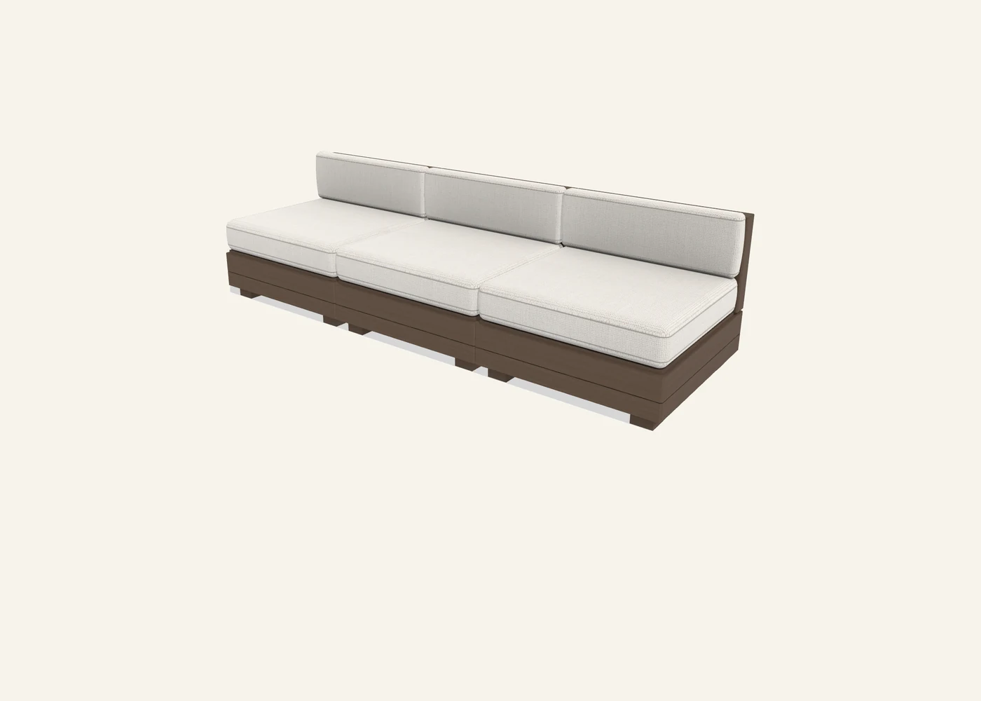 Three Sama centre modules in a straight run, seen from a low three quarter view: separate 800 millimetre squares of closed timber plinth standing flush against each other, each cushion proud of its shoulder.