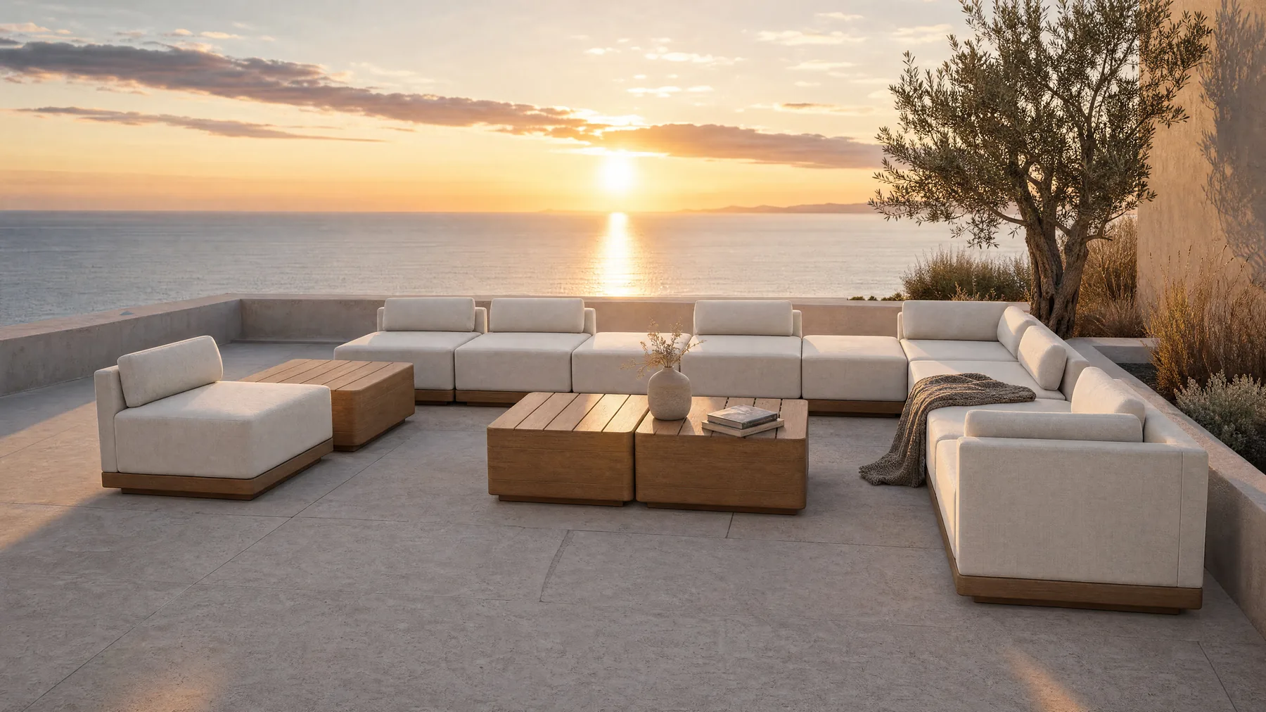A Rima arrangement on a clifftop terrace at sunset, seen along the run: soft upholstered blocks on slim timber bases, loose cushions leaning against the upholstered backs, and a low timber table in the middle.