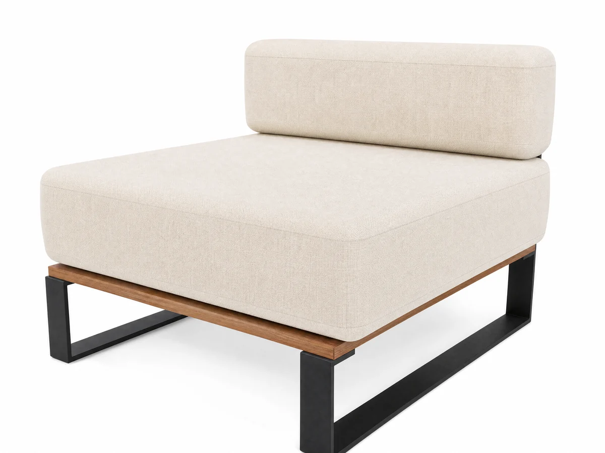 The Nour centre module, photographed on white: an 800 millimetre square seat with a single back bolster along one edge, on a matte black frame over an oiled teak rail.