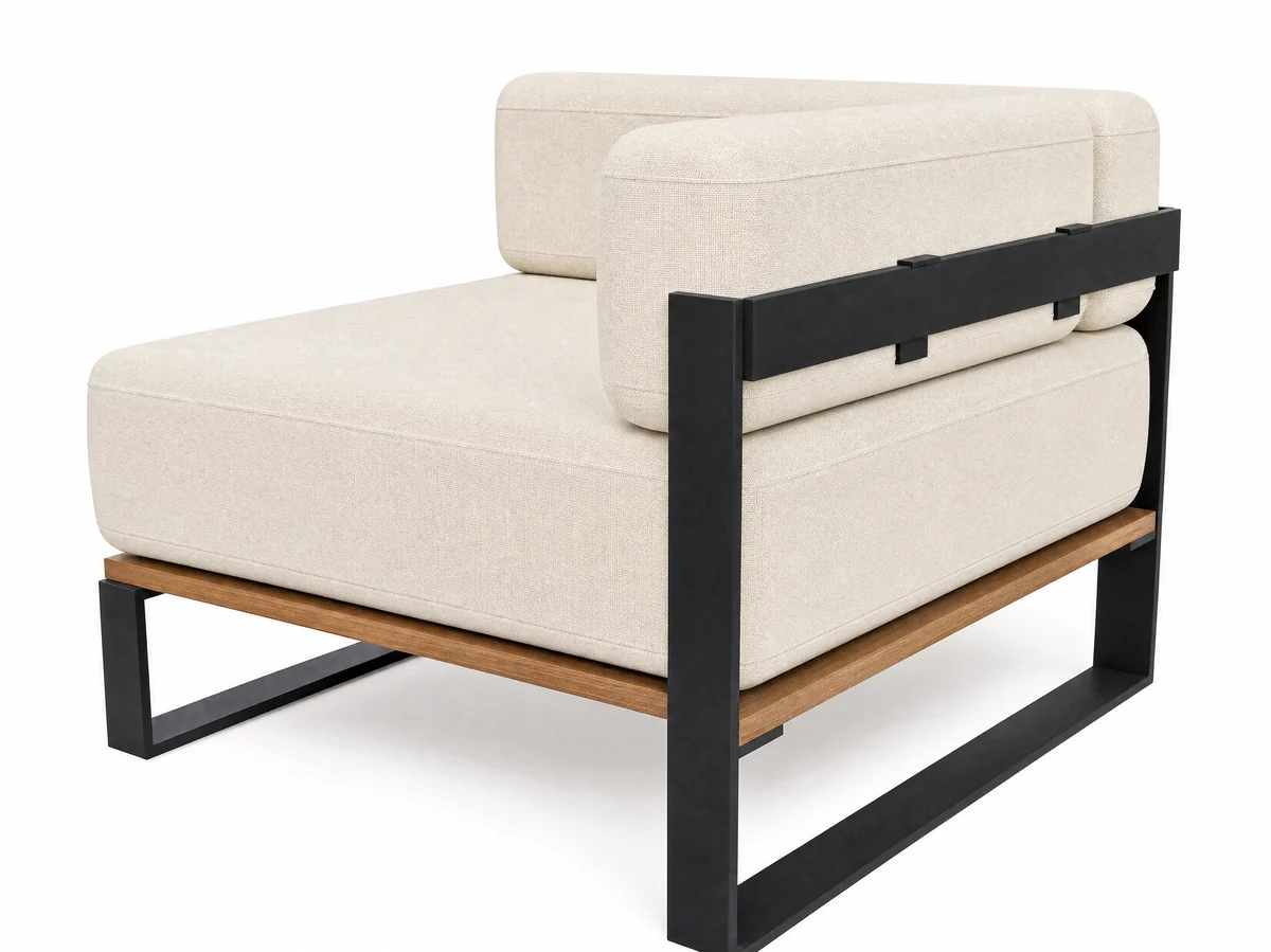 The Nour corner module, photographed on white: an 800 millimetre square seat with two back bolsters meeting at a corner, the other two sides open, on a matte black frame over an oiled teak rail.