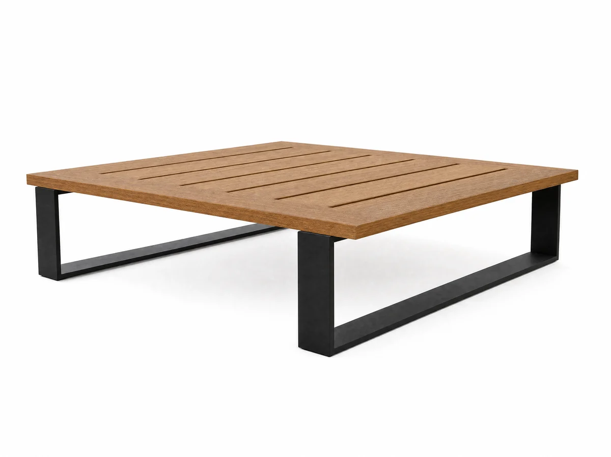The Nour coffee table, photographed on white: an 800 millimetre square top of seven oiled teak slats, 200 millimetres high, on a matte black frame.